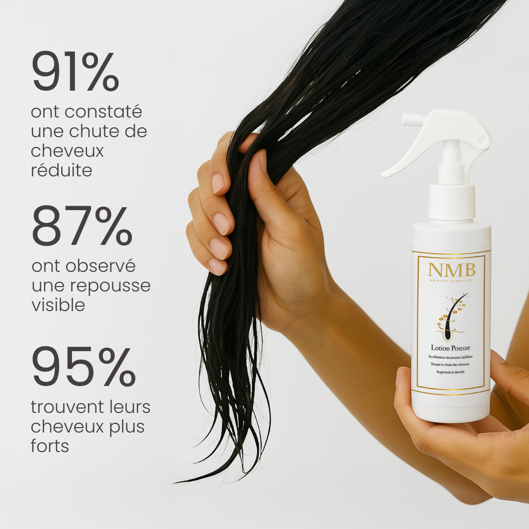 Femme qui tient ses longs cheveux noirs et le spray Lotion Pousse NMB