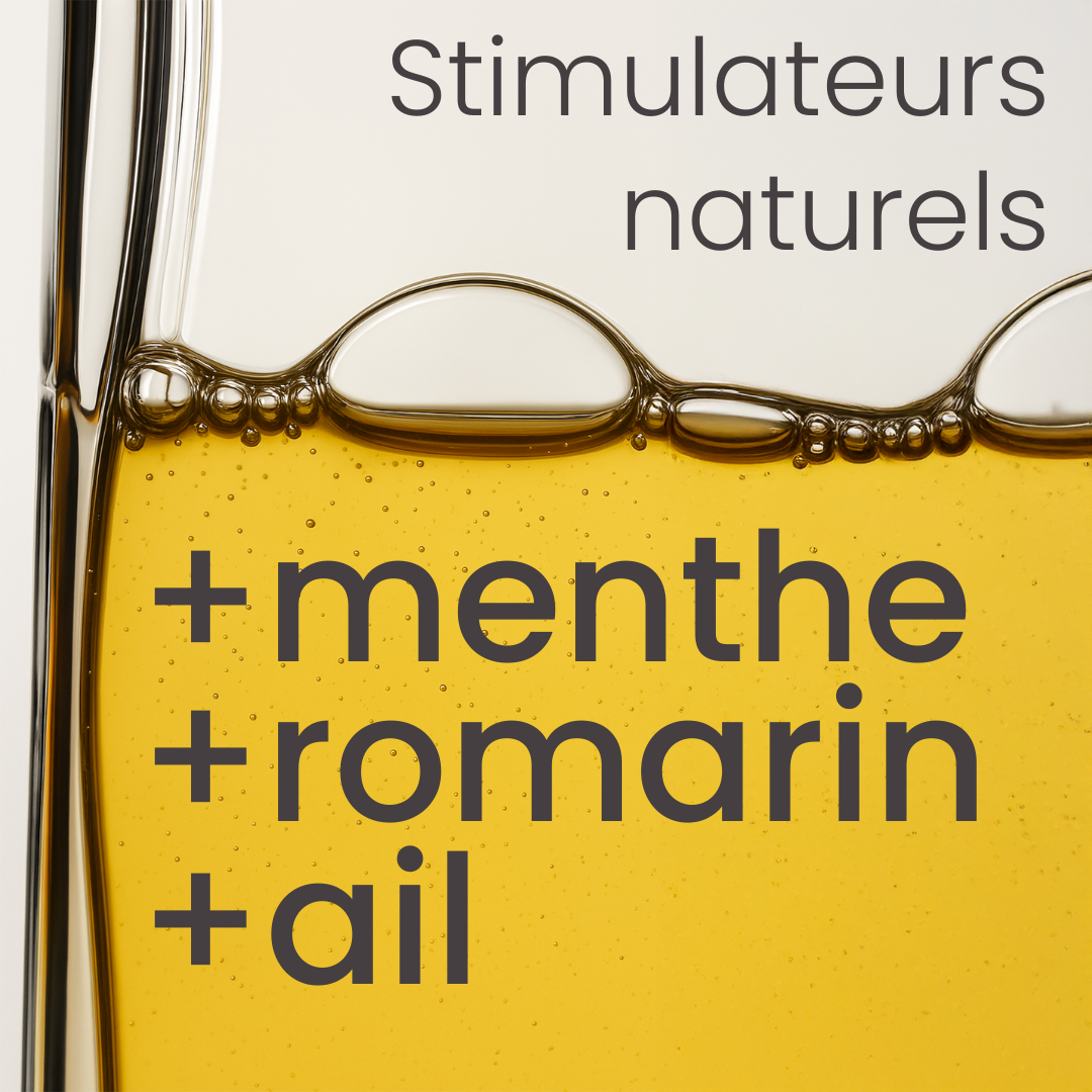 Visuel des actifs de la Lotion Pousse NMB : menthe, romarin et ail, stimulateurs naturels
