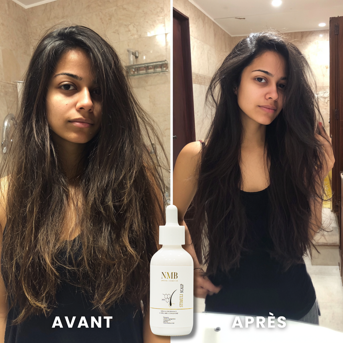 Avant / après d'une femme aux cheveux bruns longs avec le sérum Stimuli Scalp NMB