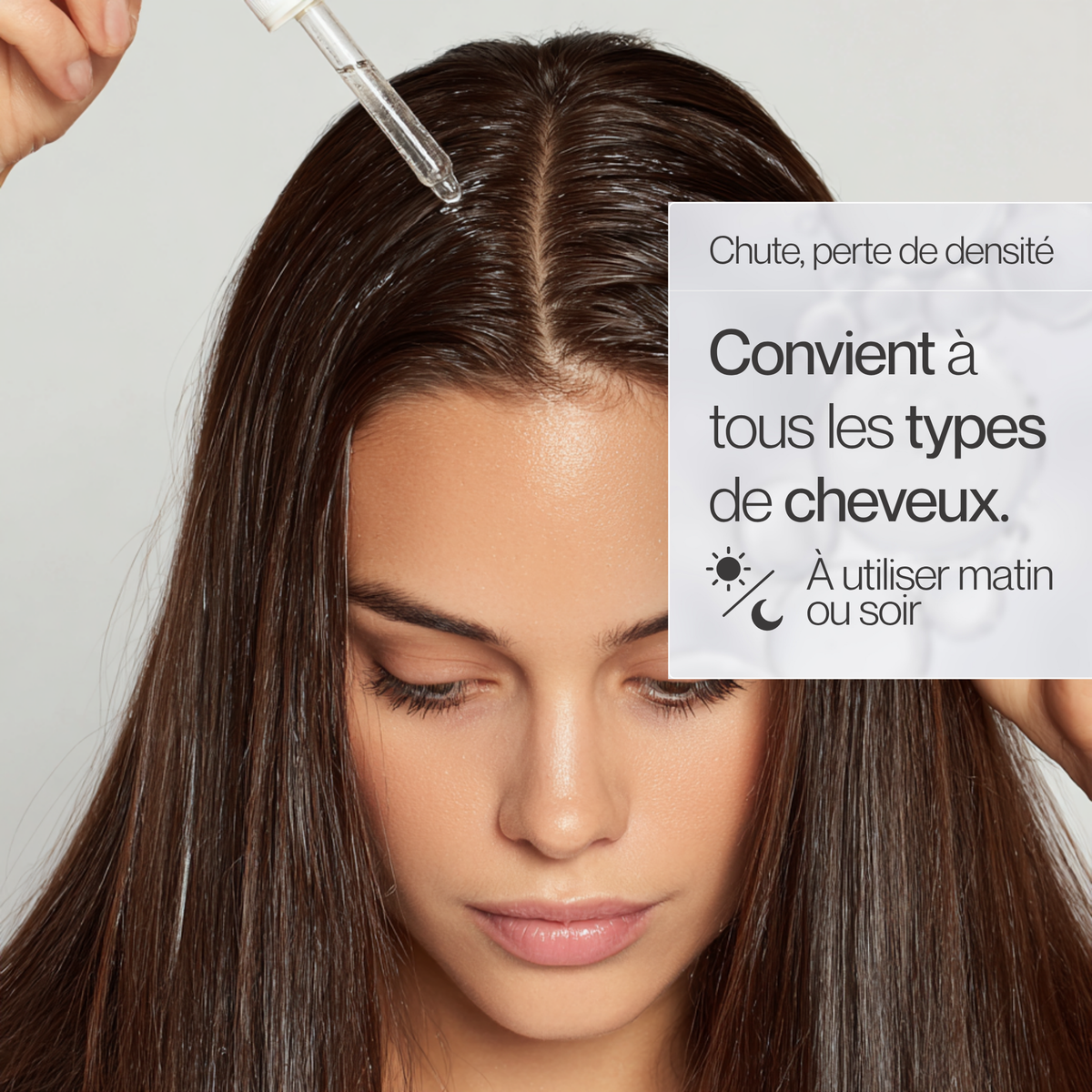 Application à la pipette du sérum Stimuli Scalp NMB sur la raie, pour tous les types de cheveux, matin ou soir