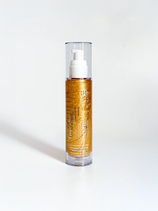 Huile solaire pailletée SPF 30 NMB Tropea Sun éclat or et bronze
